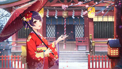  architecture bell branch cherry_blossoms commentary_request east_asian_architecture female fence floral_print flower girl_cafe_gun hair_flower hair_ornament highres holding holding_umbrella japanese_clothes kimono l.bou new_year obi oil-paper_umbrella outdoors photoshop_(medium) purple_hair red_eyes red_kimono rope sash shi_wuyou shide shimenawa shrine shrine_bell smile snow solo sparkle stairs umbrella wide_sleeves 