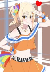  ;d ajapar back_bow belt black_belt blonde_hair bow braid cheerleader collarbone crop_top female french_braid gyaru hair_ornament hair_tie hairclip heart heart_necklace highres jewelry kogal love_live! love_live!_nijigasaki_high_school_idol_club medium_hair midriff miniskirt miyashita_ai necklace off_shoulder one_eye_closed open_mouth orange_eyes orange_skirt pendant pom_pom_(cheerleading) saiko_heart_(love_live!) side_ponytail sidelocks skirt smile solo tank_top v wristband yellow_eyes 