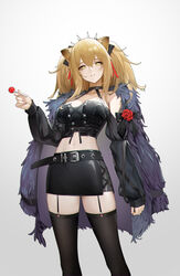  absurdres alternate_costume animal_ears arknights armpit_crease belt belt_buckle black_belt black_choker black_coat black_skirt black_thighhighs blonde_hair breasts buckle candy choker cleavage coat coat_on_shoulders crop_top feet_out_of_frame female flower food fur-trimmed_coat fur_coat fur_trim garter_straps genera-x gradient_background hand_up highres holding holding_candy holding_food large_breasts lion_ears lion_girl lollipop long_hair long_sleeves looking_at_viewer midriff miniskirt navel open_clothes open_coat parted_lips red_flower red_rose rose siege_(arknights) simple_background skirt smile solo standing stomach thighhighs twintails white_background yellow_eyes zettai_ryouiki 