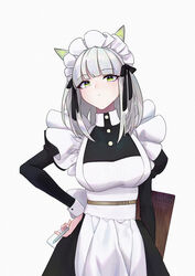  alternate_costume animal_ear_fluff animal_ears apron arknights artist_name black_dress blunt_bangs bow cat_ears closed_mouth dress female frills green_eyes hairbow hand_on_own_hip highres holding holding_pen inuko_(redconstellation) kal&#039;tsit_(arknights) long_sleeves looking_at_viewer maid_headdress medium_hair obi pen sash sidelocks solo standing upper_body white_apron white_background white_hair wrist_cuffs 