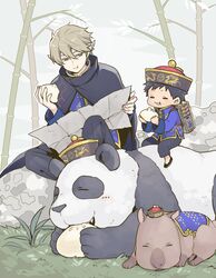  2boys 7100potechi =_= animal bamboo bamboo_forest baozi black_cloak black_headwear black_pants blonde_hair blue_eyes blue_shirt capybara chewing chinese_clothes cloak closed_eyes dumpling food forest full_body hat holding holding_food holding_paper horns hyuse long_sleeves male_focus multiple_boys nature panda pants paper qingdai_guanmao raijinmaru rindou_youtarou shirt short_hair sitting world_trigger 