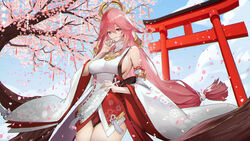  absurdres animal_ears architecture arm_up breasts cherry_blossoms commentary earrings east_asian_architecture feet_out_of_frame female fox_ears fox_girl genera-x genshin_impact hair_ornament highres japanese_clothes jewelry large_breasts light_smile long_hair looking_at_viewer nontraditional_miko open_mouth outdoors parted_lips petals pink_eyes pink_hair sideboob solo standing very_long_hair yae_miko 