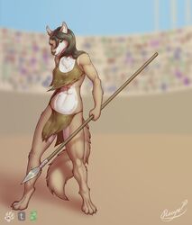  2017 abs absurd_res anthro arena bottomwear bra breasts canid canine canis chest_tuft claws clothed clothing collar coyote crowd digital_media_(artwork) female fur green_eyes group hair hi_res holding_object holding_weapon inner_ear_fluff jessica_vega loincloth mammal melee_weapon multicolored_body multicolored_fur muscular muscular_female outside polearm reaper3d shaded simple_background solo_focus spear standing toe_claws tuft two_tone_body two_tone_fur underwear weapon 