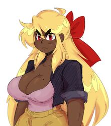  blonde_hair breasts curvy dark_skin female female highres kirbila_(yellow_kirby) large_breasts long_hair no_bra original solo upper_body yellow_kirby 