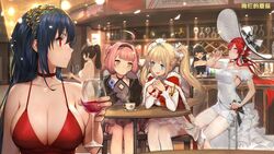  6+girls ahoge alcohol amazon_(azur_lane) amazon_(little_orchestra)_(azur_lane) animal_ears atago_(azur_lane) azur_lane bare_legs bare_shoulders black_dress black_gloves black_hair blonde_hair blue_eyes blush bonnet bow breasts bridal_gauntlets chinese_commentary choker cleavage closed_eyes closed_mouth cocktail_dress commentary_request cup dress drinking drinking_glass earrings gloves gorgeous_mushroom hair_between_eyes hair_flaps hair_ornament hair_ribbon halterneck hat hat_bow headband jewelry jpeg_artifacts large_breasts long_hair looking_at_viewer low_ponytail maid_headdress monarch_(azur_lane) monarch_(white_warrick)_(azur_lane) multiple_girls oerba_yun_fang official_alternate_costume official_art open_mouth pink_hair ponytail red_choker red_dress red_eyes red_hair ribbon sidelocks sitting smile star_(symbol) star_earrings sun_hat taihou_(azur_lane) taihou_(forbidden_feast)_(azur_lane) takao_(azur_lane) thighhighs thighlet tiara twintails u-81_(azur_lane) u-81_(soft_serenade)_(azur_lane) white_bow white_dress white_thighhighs wine wine_glass yellow_eyes 