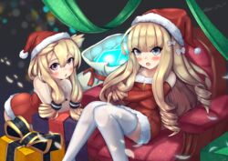  2girls alternate_costume armchair azur_lane bent_over blue_eyes box chair commentary drill_hair feathers gift gift_box hair_flaps hairband hat highres kuronekozero light_brown_hair long_hair looking_at_viewer multiple_girls open_mouth parted_lips purple_eyes queen_elizabeth_(azur_lane) sack santa_costume santa_hat sitting thighhighs v-shaped_eyebrows warspite_(azur_lane) white_thighhighs wisdom_cube_(azur_lane) zettai_ryouiki 