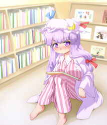  barefoot blush book bookshelf bow breast_rest breasts chen children&#039;s_book commentary_request crescent dress eyebrows female frown hairbow hat hat_ribbon indoors kirisame_marisa knees_up koakuma large_breasts long_hair looking_at_viewer mob_cap patchouli_knowledge photoshop_(medium) purple_eyes purple_hair ribbon robe sitting solo touhou waribashi-p 