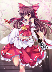  :p ascot bottle bow brown_eyes brown_hair commentary_request detached_sleeves female hair_ribbon hair_tubes hairbow hakurei_reimu highres holding long_hair looking_at_viewer ms06s navel nontraditional_miko petals photoshop_(medium) red_bow ribbon sake_bottle smile solo standing standing_on_one_leg tongue tongue_out touhou 