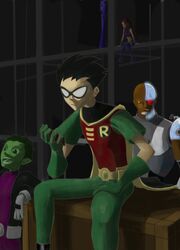  bald beast_boy_(dc) black_hair bodysuit cape cloak cyborg cyborg_(dc) dark_skin dc_comics dick_grayson domino_mask green_hair green_skin highres mask multiple_boys multiple_girls raven_(dc) red_hair robin_(dc) starfire teen_titans victor_stone 