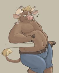  anthro arm_support bottomwear bovid bovine cattle clothed clothing emusal fingers hi_res hooved_fingers hooves horn leaning_on_elbow looking_at_viewer male mammal musclegut muscular musical_note navel pants simple_background solo standing topless 