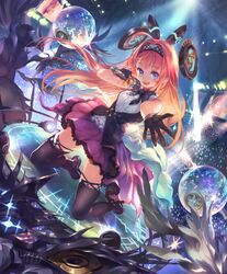  ahoge audience blue_eyes cygames disco_ball dress female gloves hairband idol kneeling lishenna_omen_of_destruction long_hair looking_at_viewer microphone music official_art ponzu_(catponz) red_hair ribbon shadowverse singing skirt thighhighs 