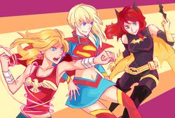  3girls barbara_gordon bat bat_(symbol) batgirl batman_(series) belt bird blonde_hair blue_eyes boots cape cassandra_sandsmark dc_comics eagle eagle_(symbol) kryptonian lasso mask midriff multiple_girls red_hair s_shield skirt supergirl superman_(series) tank_top thigh_boots thighhighs trio wonder_girl wonder_woman_(series) 