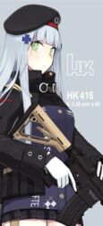  absurdres assault_rifle bangs beret black_hat black_jacket black_skirt blunt_bangs blush breasts character_name closed_mouth commentary_request cowboy_shot girls_frontline gloves green_eyes grey_background gun hair_ornament hat heckler_&amp;_koch highres hk416 hk416_(girls_frontline) holding holding_gun holding_weapon jacket long_hair long_sleeves looking_at_viewer medium_breasts mikoto_(oi_plus) miniskirt object_namesake plaid plaid_skirt pleated_skirt rifle silver_hair simple_background skirt solo trigger_discipline very_long_hair weapon white_gloves 