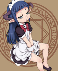  :o bare_legs between_legs blue_eyes blue_hair blunt_bangs bow commentary_request e10 female freckles hand_between_legs horns long_hair looking_at_viewer maid maid_headdress photoshop_(medium) pointy_ears shakki solo tanken_driland translation_request v_arms wrist_cuffs 