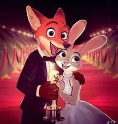  2017 4_fingers academy_award academy_awards anthro arm_around_shoulders award big_eyes bottomwear bow_(feature) bow_tie brown_body brown_fur buckteeth canid canine clothing dipstick_ears disney dress duo ear_markings female fingers fox fur grey_body grey_fur holding_award holding_object holding_oscar_statuette inner_ear_fluff jacket judy_hopps lagomorph leporid light long_ears looking_at_viewer male mammal multicolored_ears nick_wilde open_mouth open_smile orange_eyes oscar_statuette oscars pants purple_eyes rabbit red_carpet red_fox ritwell shirt size_difference smile standing suit teeth tongue toony topwear true_fox tuft whiskers zootopia 