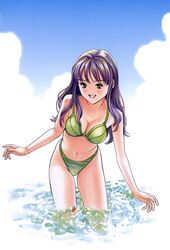  bikini breasts brown_eyes day female green_bikini grin i&quot;s isozaki_izumi katsura_masakazu leaning_forward long_hair medium_breasts navel official_art outdoors purple_hair smile solo standing swimsuit wading water 