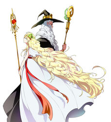  1boy bad_id bad_pixiv_id beard blonde_hair closed_eyes dalc_rose dress facial_hair female food fruit grapes hat long_beard long_hair magi_the_labyrinth_of_magic matal_mogamett priestess scheherazade_(magi) staff very_long_beard very_long_hair white_hair wizard wizard_hat 