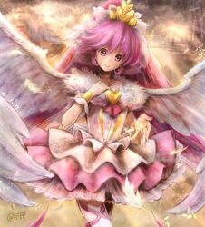  aino_megumi bad_id bad_pixiv_id ballerina brooch choker cure_lovely feathered_wings female happinesscharge_precure! heart heart_brooch highres jewelry long_hair magical_girl pantyhose pink_eyes pink_hair pink_skirt ponytail precure skirt smile solo super_happiness_lovely takeashiro tiara white_pantyhose white_wings wings wrist_cuffs 