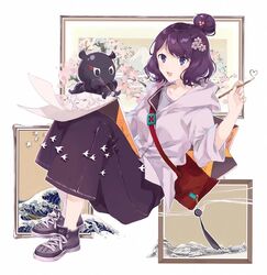  :d animal bag black_footwear blush collarbone commentary fate/grand_order fate_(series) female fine_art_parody flower grey_shirt hair_bun hair_ornament heart highres holding holding_pencil hood hood_down hooded_jacket jacket kanagawa_okinami_ura katsushika_hokusai_(fate) katsushika_hokusai_(traveling_outfit)_(fate) lizi_(st3648) long_sleeves looking_at_viewer mountain notepad octopus official_alternate_costume open_mouth pants parody pencil picture_frame pink_flower purple_eyes purple_hair purple_pants shirt shoes shoulder_bag single_hair_bun sitting smile sneakers solo tokitarou_(fate) tree waves white_background white_jacket 