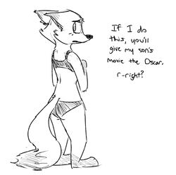  anthro ass bikini black_and_white blush canid canine clothing dialogue disney embarrassed english_text female fox fur looking_back mammal mature_anthro mature_female monochrome mrs._wilde red_fox simple_background solo swimwear text true_fox underwear visiti white_background zootopia 