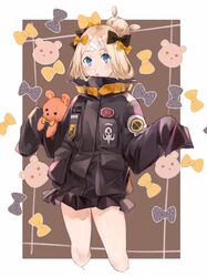  :d abigail_williams_(fate) abigail_williams_(traveling_outfit)_(fate) black_bow black_jacket blonde_hair blue_eyes blush bow commentary cropped_legs crossed_bandaids fate/grand_order fate_(series) female hair_bun hairbow hands_up highres jacket key lizi_(st3648) long_hair long_sleeves official_alternate_costume open_mouth orange_bow parted_bangs polka_dot polka_dot_bow single_hair_bun sleeves_past_fingers sleeves_past_wrists smile solo star_(symbol) stuffed_animal stuffed_toy teddy_bear 