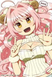  2015 :d ahoge breasts cleavage cleavage_cutout horns large_breasts long_hair looking_at_viewer meme_attire open-chest_sweater open_mouth original pink_hair sheep_horns shiraazuma sleeveless smile solo sweater watermark web_address yellow_eyes 