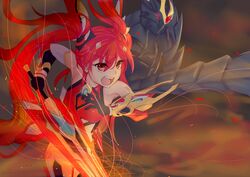  female genderswap_(mtf) gradient_hair hair_ornament highres mitsuka_souji multicolored_hair open_mouth ore_twintail_ni_narimasu red_eyes rule_63 sword tagme tailred twintails weapon 