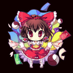  ascot bow brown_hair chibi commentary_request detached_sleeves female hair_ribbon hair_tubes hairbow hakurei_reimu holding looking_at_viewer ms06s nontraditional_miko ofuda photoshop_(medium) red_bow red_eyes ribbon solo touhou translation_request 