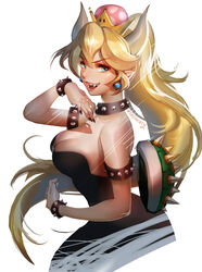  alice_jing armlet black_nails blonde_hair blue_eyes bowsette bracelet breasts cleavage collar commentary_request crown earrings evil_smile fangs female jewelry long_hair mario_(series) mushroom nail_polish new_super_mario_bros._u_deluxe photoshop_(medium) pointy_ears shell smile solo spiked_armlet spiked_bracelet spiked_collar spiked_shell spikes super_crown 