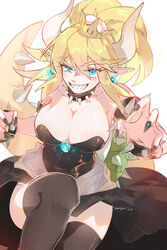  2018 armlet artist_name black_dress black_thighhighs blonde_hair blue_eyes bowsette bracelet breasts claw_pose cleavage collar commentary crown dress female fingernails grin hair_between_eyes highres horns jewelry large_breasts leg_up looking_at_viewer maou_skun mario_(series) nail_polish new_super_mario_bros._u_deluxe outstretched_arm pointy_ears ponytail sharp_fingernails sharp_teeth smile solo spiked_armlet spiked_bracelet spiked_collar spiked_shell spiked_tail spikes strapless strapless_dress super_crown symbol-only_commentary tail teeth thick_eyebrows thighhighs 