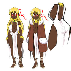  ass blonde_hair breasts character_sheet curvy dark_skin dress female female highres huge_ass kirbila_(yellow_kirby) large_breasts long_hair looking_at_viewer multiple_views no_bra original solo standing yellow_kirby 