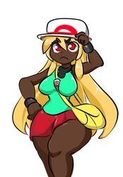  bare_legs blonde_hair blue_(pokemon) blue_(pokemon)_(cosplay) breasts cosplay creatures_(company) curvy dark_skin female female game_freak kirbila_(yellow_kirby) large_breasts long_hair looking_at_viewer nintendo original pokemon pokemon_(game) pokemon_frlg red_eyes skirt solo yellow_kirby 