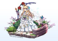  azur_lane blonde_hair blue_eyes bouquet character_name commentary dress drill_hair faux_figurine female flower full_body hair_flower hair_ornament hairband highres holding kuronekozero long_hair looking_at_viewer queen_elizabeth_(azur_lane) rose scepter solo wedding_dress white_dress 