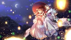  2girls black_hair blue_dress blue_eyes bridge brown_hair chinese_clothes closed_eyes commentary crescent_moon double_bun dress flower hair_bun hair_flower hair_ornament hand_fan hanfu highres lantern long_hair looking_at_another mo_xiaoju moon multiple_girls night obi open_mouth paper_fan paper_lantern pink_dress river sanse_hui_lian sash sitting smile string string_around_finger string_of_fate symbol-only_commentary twintails water wen_zhi yetworldview_kaze yuri 