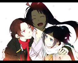  3boys akami_fumio black_hair blue_eyes commentary_request crossover haori highres japanese_clothes kashuu_kiyomitsu kimono letterboxed male_focus mole mole_under_mouth multiple_boys okita_souji_(peace_maker_kurogane) peace_maker_kurogane personification photoshop_(medium) ponytail red_eyes red_scarf scarf smile touken_ranbu white_background white_scarf yamato-no-kami_yasusada 