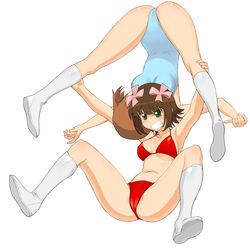  2girls a1 absurdres amami_haruka angry bikini blush boots breasts brown_hair cleavage clenched_teeth green_eyes hagiwara_yukiho hair_ribbon highres idolmaster initial-g kinniku_buster knee_boots legs midriff mizugi multiple_girls muscle_buster ribbon short_hair spread_legs suplex swimsuit teeth thighs wrestling 