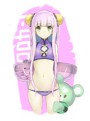  adapted_costume animalization aoki_hagane_no_arpeggio bikini cleavage_cutout clothing_cutout commentary_request double_bun female flat_chest green_eyes hair_bun i-400_(aoki_hagane_no_arpeggio) i-402_(aoki_hagane_no_arpeggio) inflatable_toy long_hair looking_at_viewer navel photoshop_(medium) purple_hair ryo_(tg290) shiny_skin skindentation stuffed_animal stuffed_toy swimsuit teddy_bear yotarou_(aoki_hagane_no_arpeggio) 