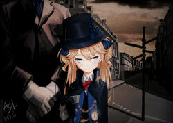  1boy absurdres asil bad_id bad_pixiv_id belt belt_buckle black_gloves black_hat blonde_hair blue_bow blue_eyes blue_neckwear blush bow bowtie buckle building buttons chains chinese_commentary cityscape closed_mouth cloud cloudy_sky collared_shirt commentary_request cross cup dated female formal girls&#039;_frontline gloves hair_between_eyes hairbow hat hat_bow head_tilt high_collar highres holding holding_cup intersection jacket long_hair long_sleeves looking_away necktie own_hands_together pocket_watch red_bow road road_sign shirt sidelocks sign signature sky sleeve_cuffs street suit suit_jacket super-shorty_(girls&#039;_frontline) teacup top_hat tsurime two_side_up watch white_gloves white_shirt 