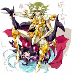  10s 2girls arai_nobu armor blue_eyes blush breasts cape female full_armor gallia_(saint_seiya_omega) gemini_paradox grabbing green_hair long_hair lying multiple_girls pantyhose saint_seiya saint_seiya_omega solo very_long_hair wresting 