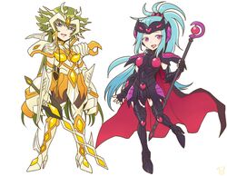  10s 2girls arai_nobu armor blue_eyes blush breasts cape chibi female full_armor gallia_(saint_seiya_omega) gemini_paradox green_hair long_hair looking_at_viewer multiple_girls pantyhose saint_seiya saint_seiya_omega solo sword very_long_hair wand weapon 