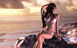  3d bikini blush breasts brown_eyes brown_hair cg cleavage female female final_fantasy final_fantasy_vii hand_in_hair hinemaru long_hair midriff mizugi navel ocean outdoors rock rocks sitting solo swimsuit tifa_lockhart very_long_hair wallpaper water white_bikini white_swimsuit 