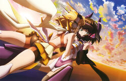  2girls absurdres ass back bare_shoulders black_hair blonde_hair bodysuit china_dress chinese_clothes covered_navel dress flying green_eyes hand_holding headphones highres interlocked_fingers kohinata_miku multiple_girls newtype ocean official_art scarf senki_zesshou_symphogear senki_zesshou_symphogear_g spoilers sunset tachibana_hibiki tachibana_hibiki_(symphogear) tears thighhighs watanabe_takayoshi yellow_eyes yuri 