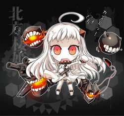  :o abyssal_ship ahoge aircraft airplane chibi colored_skin commentary_request dress female holding horns kantai_collection long_hair looking_at_viewer machinery mittens ms06s northern_ocean_princess open_mouth orange_eyes photoshop_(medium) solo translation_request turret v-shaped_eyebrows white_dress white_hair white_skin 