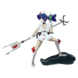  bandages blood blood_bag blue_hair body_bag breasts cleavage commentary_request dress eggloaf female flat_color gloves hacksaw hat iv_stand large_breasts mask mouth_mask nurse nurse_cap ponytail red_eyes saw short_dress skullgirls solo surgical_mask syringe valentine_(skullgirls) white_gloves 