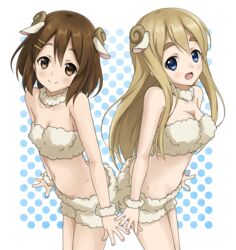  2girls animal_ears blonde_hair blue_eyes brown_eyes brown_hair commentary_request crop_top hirasawa_yui horns k-on! kotobuki_tsumugi long_hair multiple_girls sheep_ears shizupu short_hair shorts 