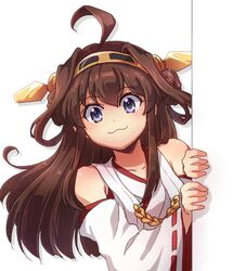  :3 ahoge brown_hair commentary_request double_bun female hair_bun hairband hanjuku_tomato japanese_clothes kantai_collection kongou_(kancolle) long_hair nontraditional_miko peeking_out purple_eyes smile solo 