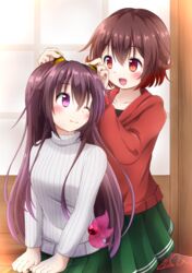  2girls brown_hair commentary_request cowboy_shot gradient_hair green_skirt gu-rahamu_omega_x hood hooded_sweater horns kantai_collection kisaragi_(kancolle) kisaragi_(setsubun_mode)_(kancolle) long_hair multicolored_hair multiple_girls mutsuki_(kancolle) one_eye_closed pantyhose pleated_skirt purple_eyes red_eyes red_hair red_sweater ribbed_sweater short_hair signature sitting skirt sweater white_sweater 