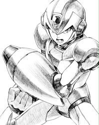  1boy android arm_cannon armor clenched_hand commentary_request cowboy_shot fujino_yuuki greyscale helmet male_focus mega_man_(series) mega_man_x_(series) monochrome open_mouth power_armor serious simple_background solo teeth weapon white_background x_(mega_man) 