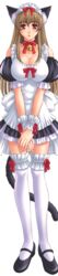  absurdres animal_ears apron bare_shoulders bell breasts brown_eyes brown_hair cat_ears choker cleavage collar female frills full_body game_cg highres kanesada_keishi large_breasts long_hair maid maid_apron maid_headdress neck_bell pure_maid_~kisekae_shite_ne~ ribbon_choker solo tail tall_image thighhighs transparent_background yukina_(pure_maid) 