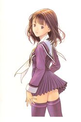  1990s_(style) blue_thighhighs brown_eyes brown_hair cowboy_shot female highres i&quot;s katsura_masakazu long_hair long_sleeves official_art panties panty_peek parted_lips pleated_skirt retro_artstyle simple_background skirt solo thighhighs underwear white_background yoshizuki_iori 